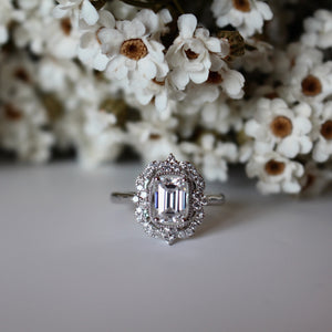 Vintage 1ct Emerald Cut Moissanite with Side Diamonds